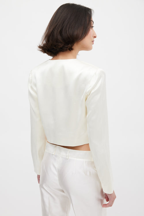 Nicole Miller Cream Satin Tie Front Cropped Jacket