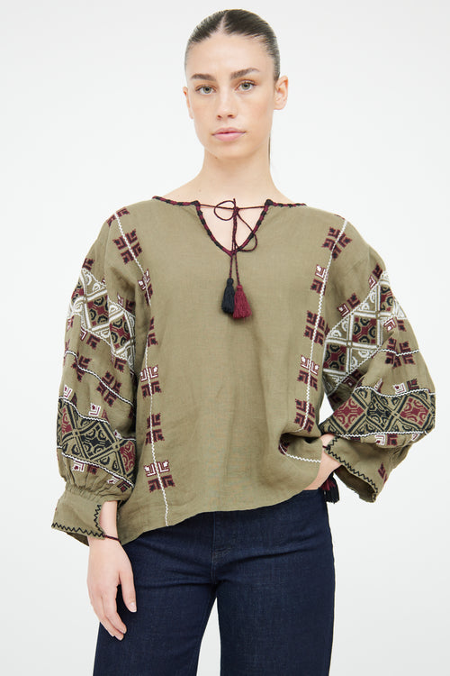 Nili Lotan Green Linen Embroidered Top