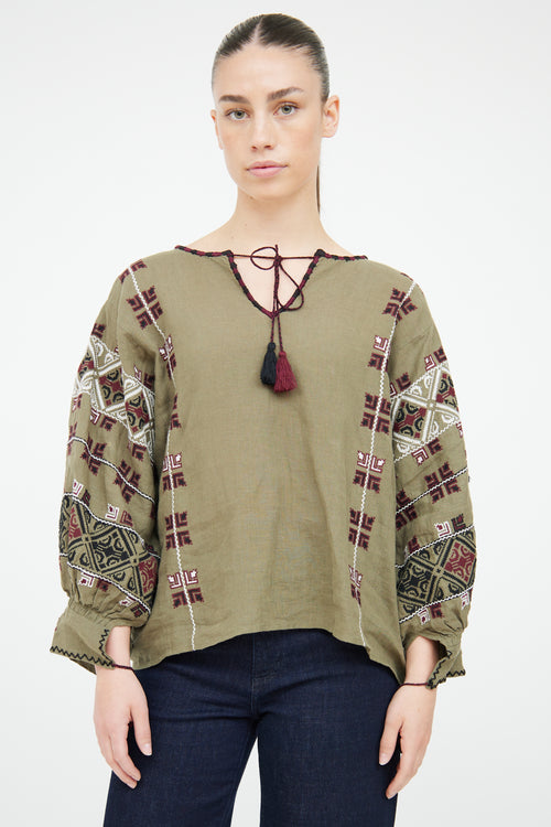 Nili Lotan Green Linen Embroidered Top