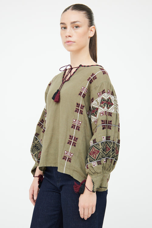 Nili Lotan Green Linen Embroidered Top