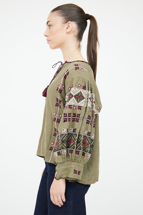 Nili Lotan Green Linen Embroidered Top