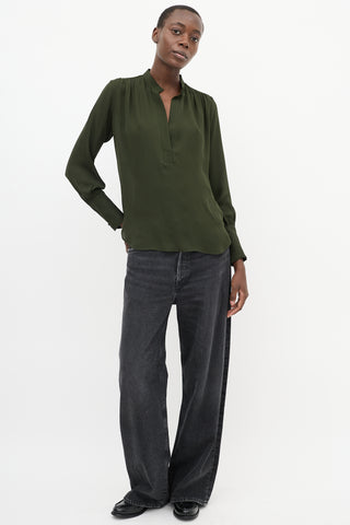 Nili Lotan Green Silk V-Neck Gathered Detail Blouse