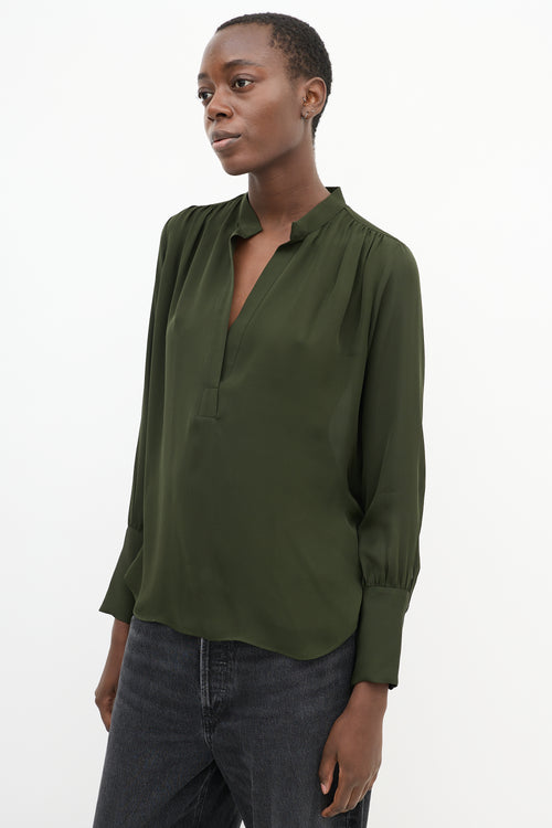 Nili Lotan Green Silk V-Neck Gathered Detail Blouse