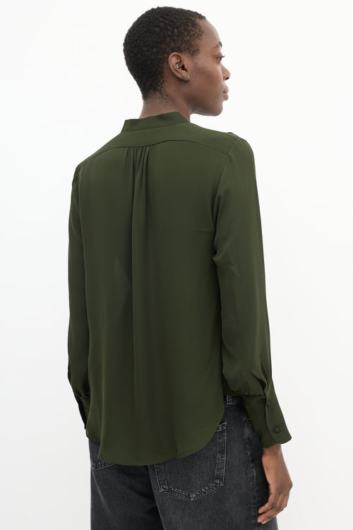 Nili Lotan Green Silk V-Neck Gathered Detail Blouse