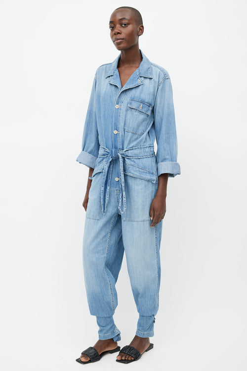 Nili Lotan Light Wash Denim Belted Jumpsuit