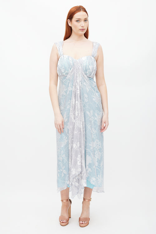 Nina Duong Blue 
White Floral Gathered Dress