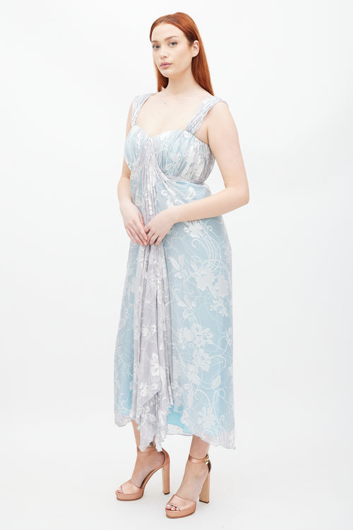 Nina Duong Blue 
White Floral Gathered Dress