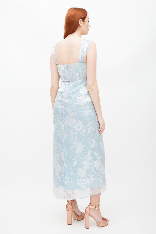 Nina Duong Blue 
White Floral Gathered Dress