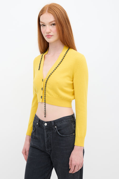 No°21 Yellow Wool Cropped Rhinestone Cardigan