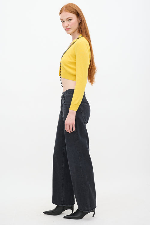 No°21 Yellow Wool Cropped Rhinestone Cardigan