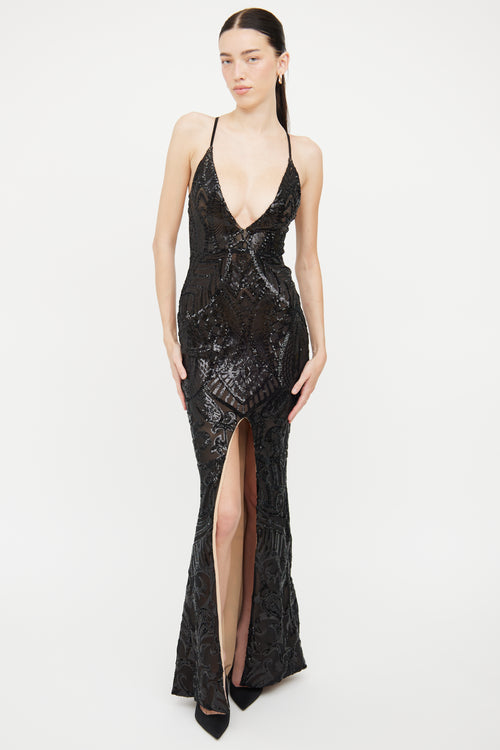 Nookie Black Sequin Slit Gown