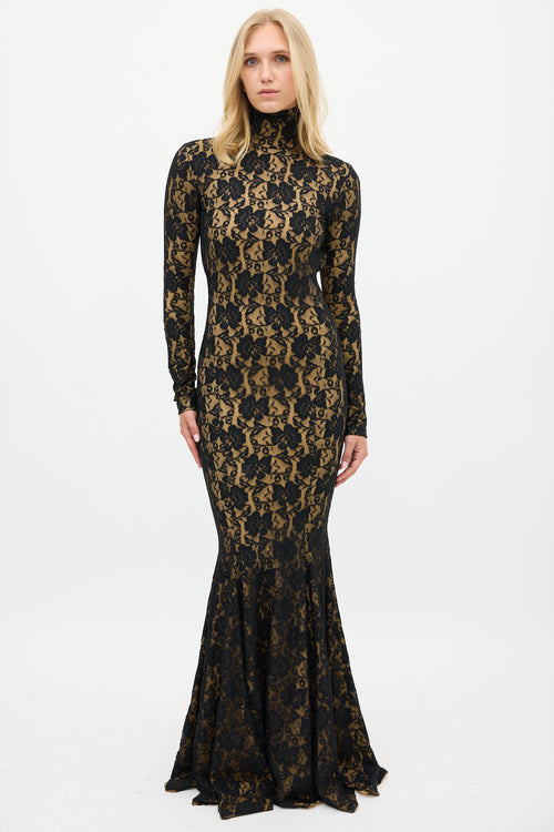 Norma Kamali Black 
Beige Floral Lace Open Back Gown