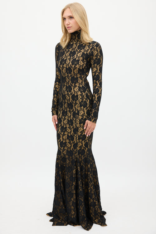 Norma Kamali Black 
Beige Floral Lace Open Back Gown