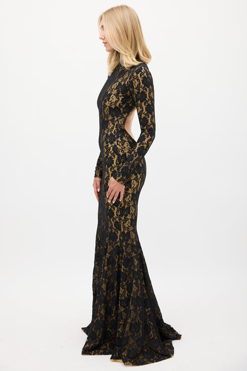 Norma Kamali Black 
Beige Floral Lace Open Back Gown