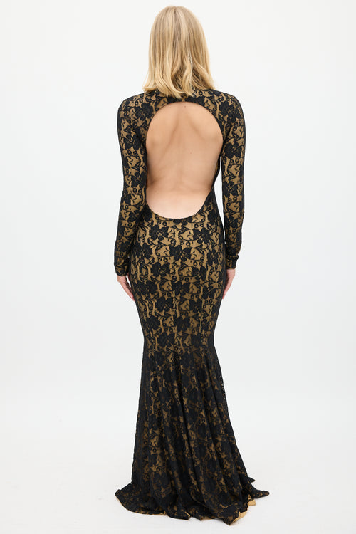 Norma Kamali Black 
Beige Floral Lace Open Back Gown