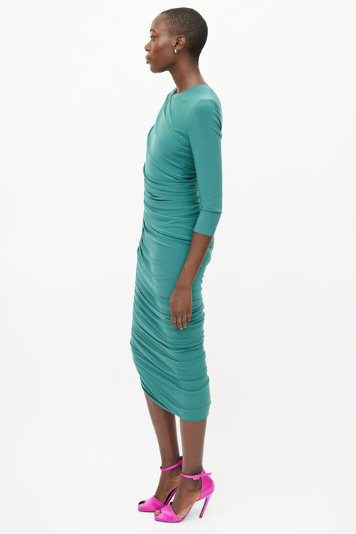 Norma Kamali Green Diana Ruched Longsleeve Dress