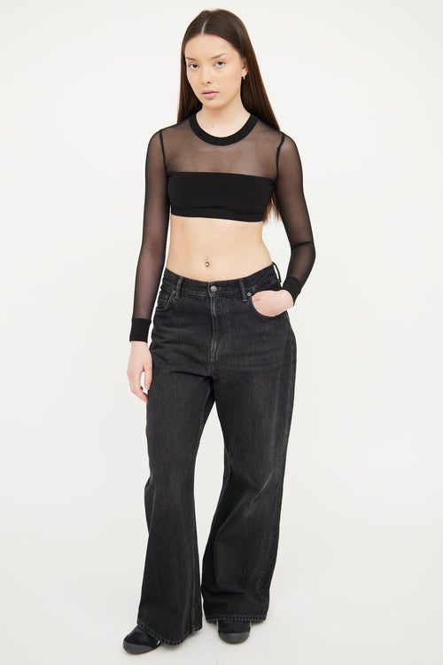 Norma Kamali Black Mesh Long Sleeve Crop Top