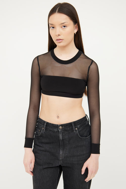 Norma Kamali Black Mesh Long Sleeve Crop Top