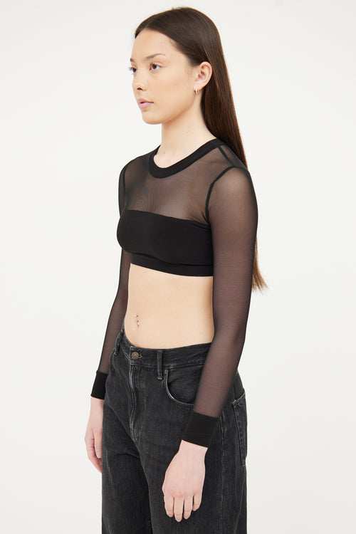 Norma Kamali Black Mesh Long Sleeve Crop Top