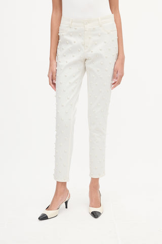 Oscar de la Renta White Faux Pearl Embellished Slim Jeans