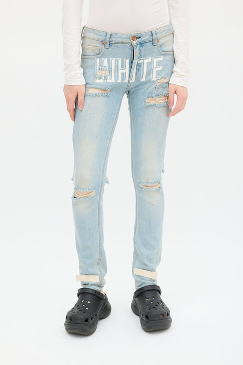 Off-White Blue 
White Distressed Logo Jeans