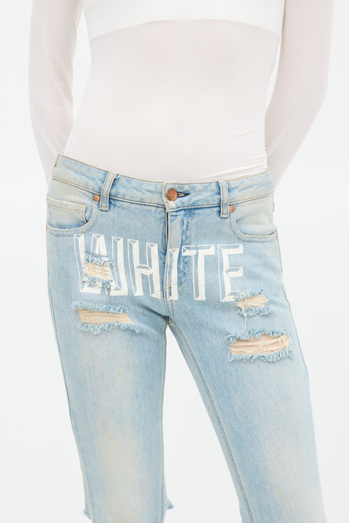 Off-White Blue 
White Distressed Logo Jeans