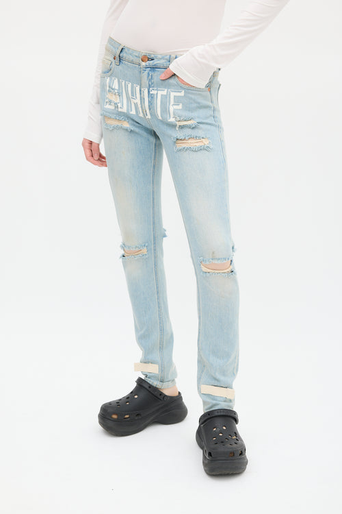 Off-White Blue 
White Distressed Logo Jeans