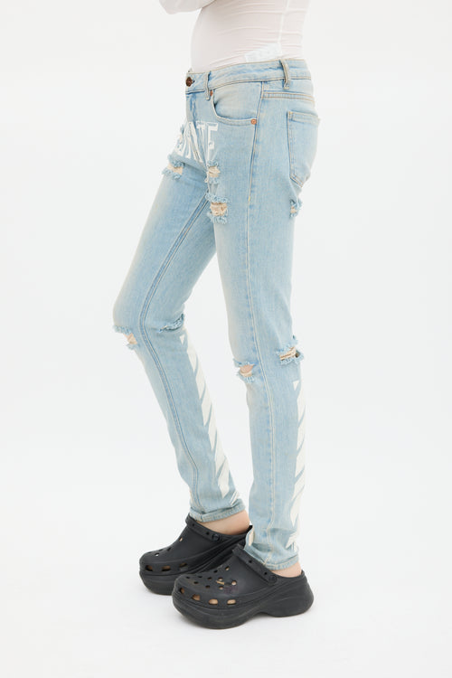 Off-White Blue 
White Distressed Logo Jeans