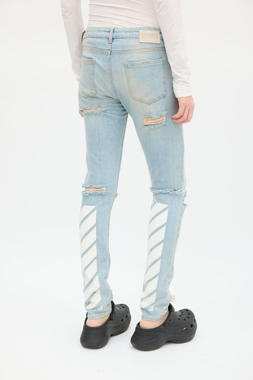 Off-White Blue 
White Distressed Logo Jeans