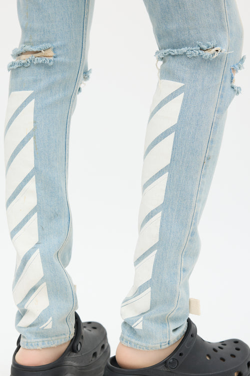 Off-White Blue 
White Distressed Logo Jeans