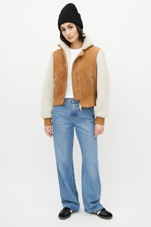 Off-White Brown 
White Suede Shearling Cropped Jacket