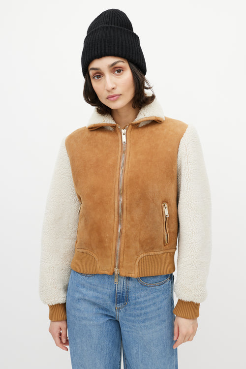 Off-White Brown 
White Suede Shearling Cropped Jacket