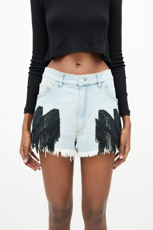 Off-White Light Wash 
Black Beaded Fringe Denim Short