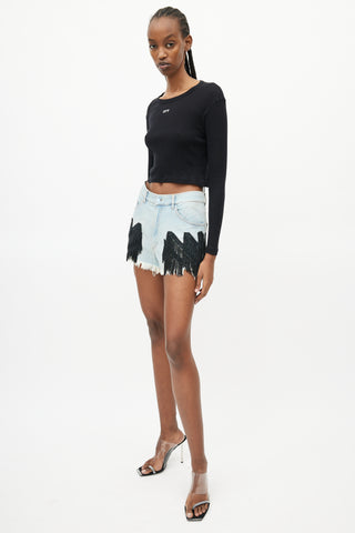 Off-White Light Wash 
Black Beaded Fringe Denim Short