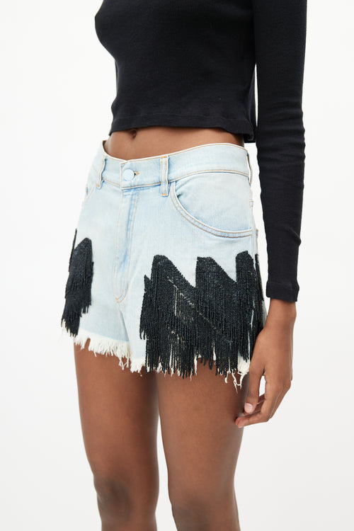 Off-White Light Wash 
Black Beaded Fringe Denim Short