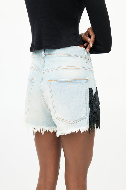 Off-White Light Wash 
Black Beaded Fringe Denim Short