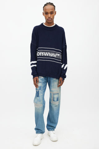 Off-White Navy 
White Oversized Distressed Logo Sweater