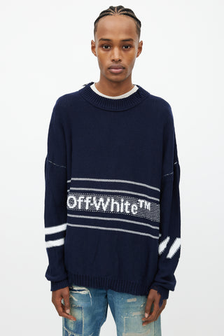 Off-White Navy 
White Oversized Distressed Logo Sweater