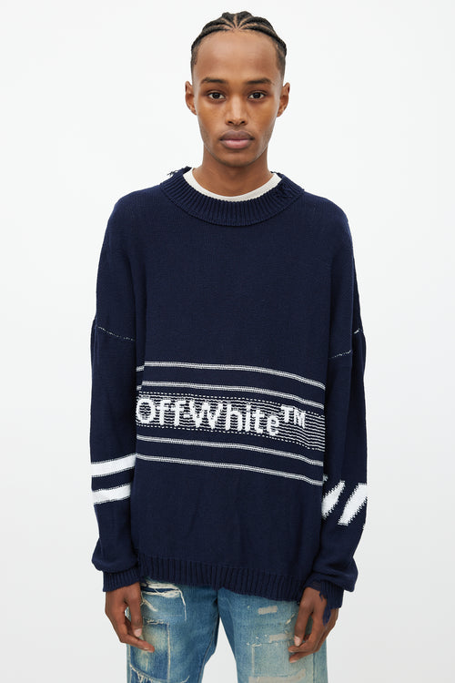 Off-White Navy 
White Oversized Distressed Logo Sweater