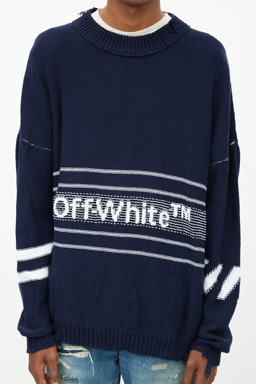 Off-White Navy 
White Oversized Distressed Logo Sweater