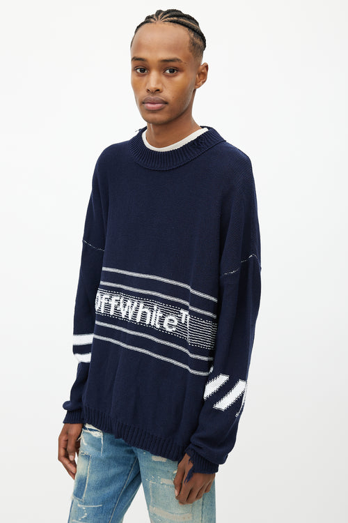 Off-White Navy 
White Oversized Distressed Logo Sweater