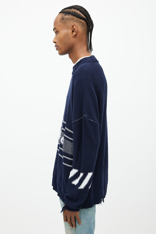 Off-White Navy 
White Oversized Distressed Logo Sweater