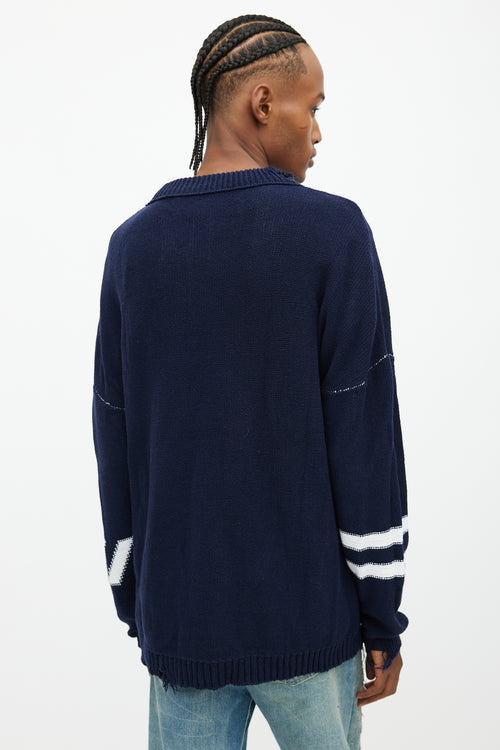 Off-White Navy 
White Oversized Distressed Logo Sweater