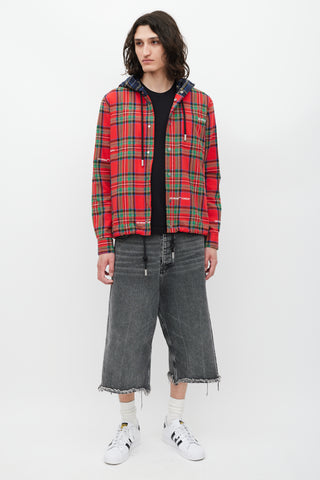 Off-White Red 
Multicolour Plaid Hooded Jacket