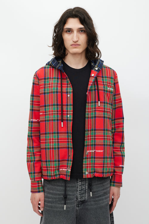 Off-White Red 
Multicolour Plaid Hooded Jacket