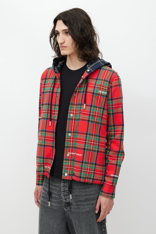 Off-White Red 
Multicolour Plaid Hooded Jacket