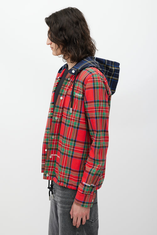 Off-White Red 
Multicolour Plaid Hooded Jacket