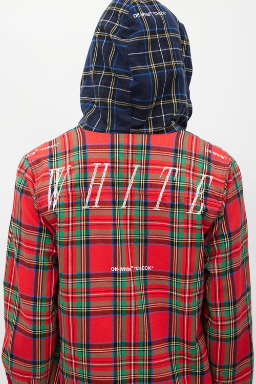 Off-White Red 
Multicolour Plaid Hooded Jacket