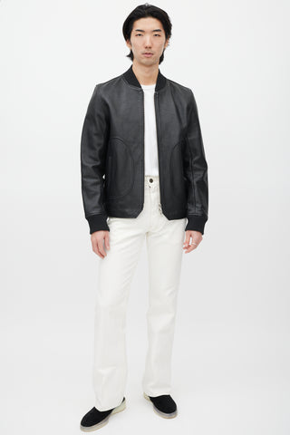 Officine Generale Black Leather Bomber Jacket