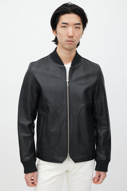 Officine Generale Black Leather Bomber Jacket